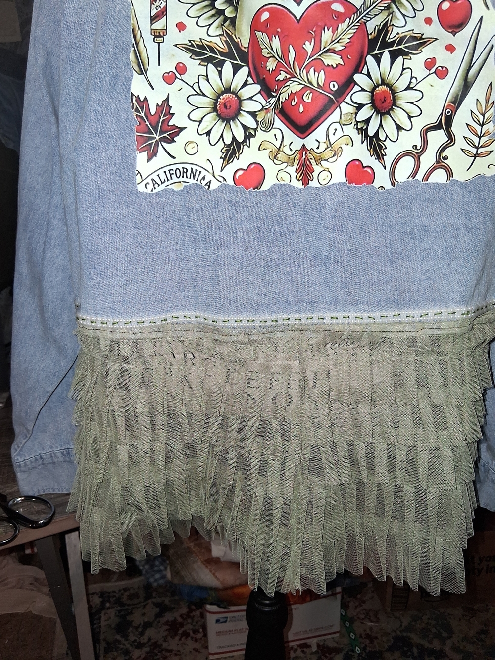 Light Wash Denim Shirt with Olive Fringe Hem